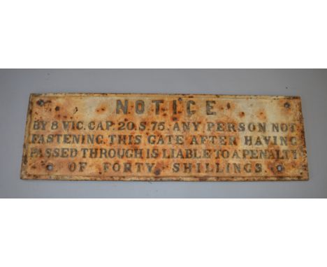 Railway gate trespassing/ penalty notice, cast iron sign. 80cm x 25cm. [COLLECTION ONLY]