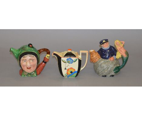Scarce Royal Doulton Old Salt teapot together with an Art Deco style teapot and Beswick Sairey Gamp 169 (3)