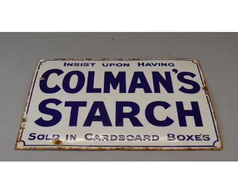 "INSIST UPON HAVING COLMAN'S STARCH SOLD IN CARDBOARD BOXES" enamel sign. 61cm x 41cm. [COLLECTION ONLY]