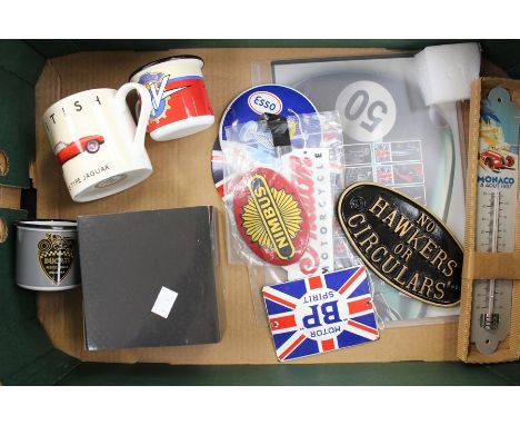 Motoring memorabilia; to include enamel mugs, signs, a boxed IXO Jaguar E-Type, E-Type stamps etc (parcel)