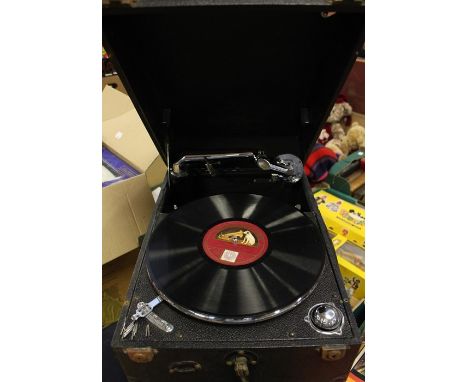 A cased A Hindley record player, His Masters Voices record, case is as found