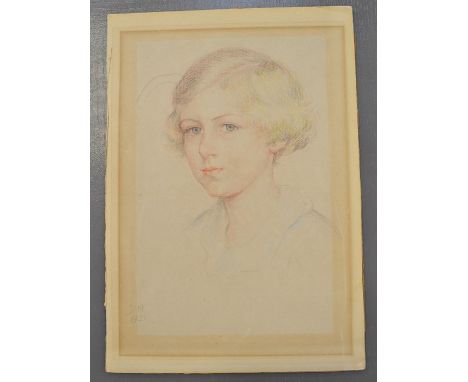 An unframed, portrait of young girl with short blonde hair, signed and dated with initials lower left, 'DN 1921', mounted on 