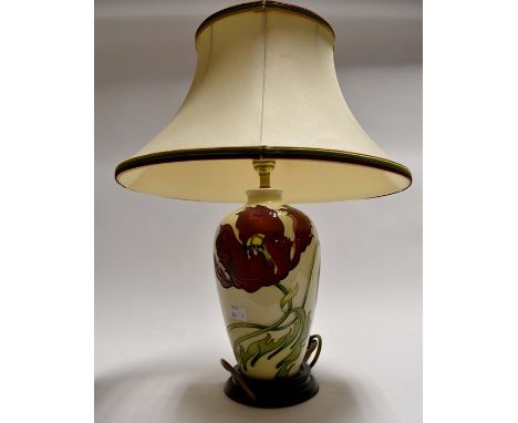 A 20th Century Moorcroft table lamp with shade,&nbsp;height to top of lamp, approx. 34cm, with shade, approx. 46cm.