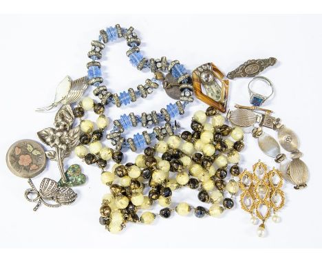 A collection of jewellery to include silver brooches, bracelets, badge together with 1920's glass bead necklace and an butter