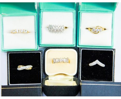 Three stone set 14ct gold rings, combined total gross weight approx. 10gms, along with an 18ct gold five stone ring, total gr