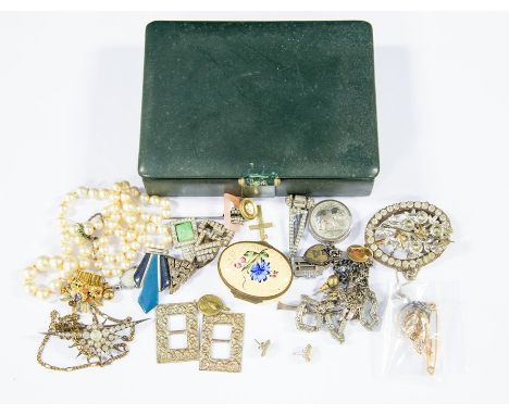 A collection of vintage costume jewellery to include; a pair of 9ct gold clip on earrings, paste set ring, Art Deco paste set