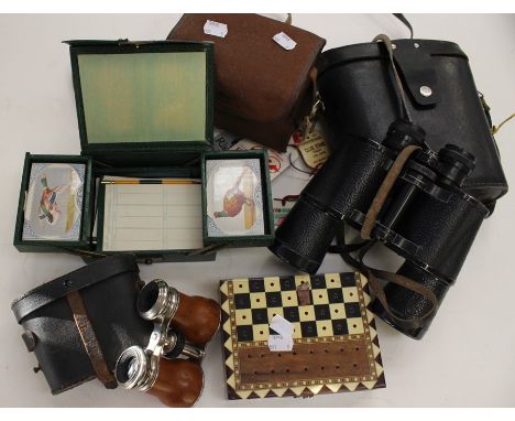 USSR made binoculars, early 20th Century Jockey Club binoculars, Brownie camera, chess and card set