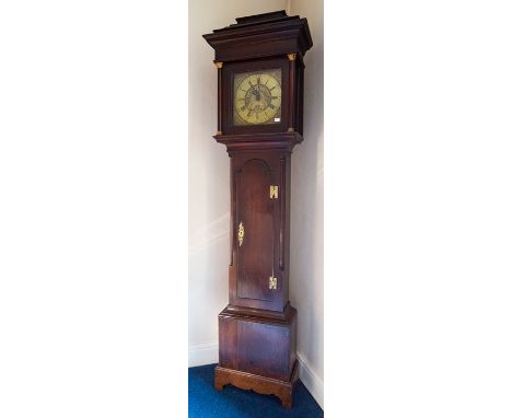 A George III, oak longcase clock, circa 1740, the brass 10” dial (face 11”) with Roman numerals on the hour and Arabic numera