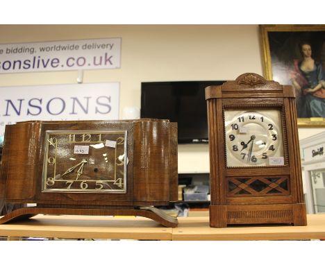A large French, 'odo' movement mantle clock, Art Deco with Arabic numerals, glass door; together with an early 20th Century m