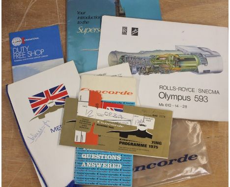A Concorde ticket won by British Airways Staff member - the inaugural flight with all details/documents, menu signed by capta