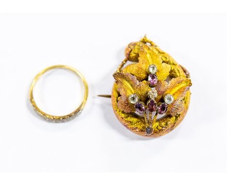 An 18ct gold and white stone set ring, size L, total gross weight approx. 1.8gms, together with a Victorian brooch with folia