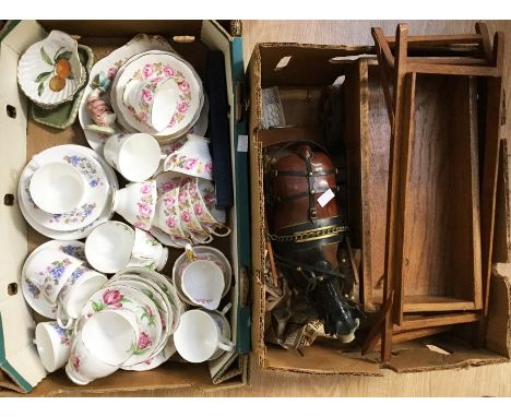 A Beswick style bay cart horse with its own oak cart together with a collection of tea ware, Royal Albert Vanity Fair bone ch