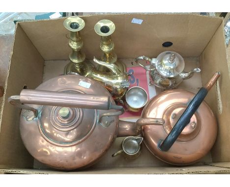 A collection of brass ware including kettle, candlestick and plated tea ware (1 box)