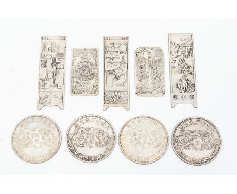 Four China Qing Dynasty silver commemorative medallions, together with two Chinese calendar plaques, one with tiger on revers