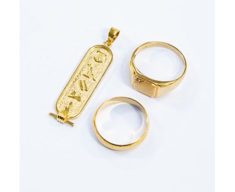 A 9ct wedding band and 9ct gold and diamond signet ring, combined total gross weight approx. 7.9gms and an Egyptian pendant, 