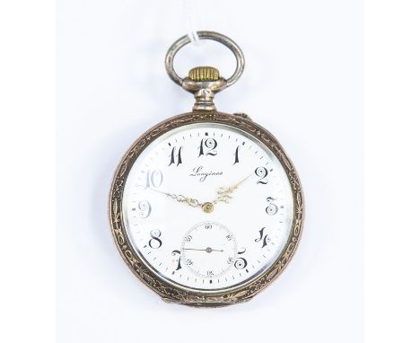 A Longines silver and gold plated pocket watch, crown wind, having white enamel Arabic numeral dial with outer minutes track 