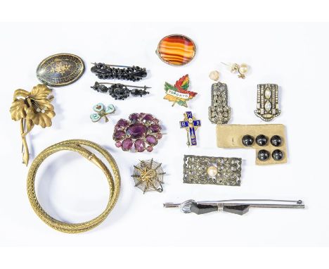 A collection of vintage costume to include Victorian brooches along with Art Deco clips/brooches and gilt metal earrings and 