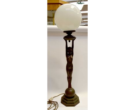 A 1930's Art Deco nude lamp base with opaque white globe, bronzed spelter&nbsp;