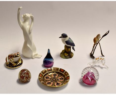 A Royal Crown Derby paperweight in the shape of a frog; a 1128 pin dish; Kingfisher figure; Wedgwood Images figure of a cat; 