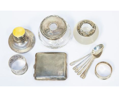 Silver cigarette case, ink well, napkin ring, spoons and a vesta case, glass case