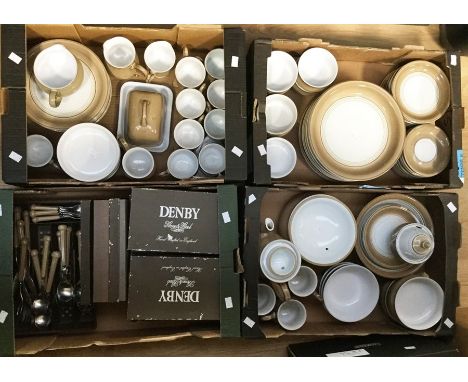 A vintage Denby ten piece Saville earthenware dinner service, beige ground with border of guilloche design including plates, 