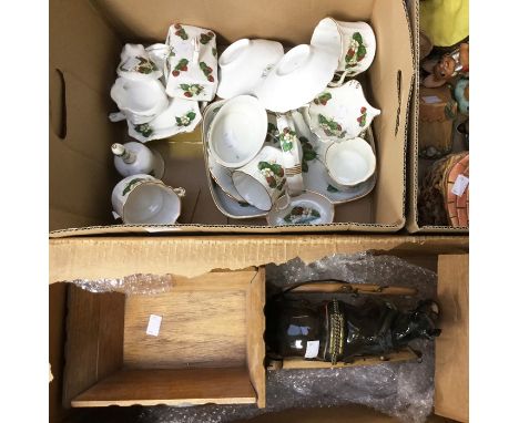 A carthorse and wagon together with strawberry pattern Spode anniversary etc items (2 boxes)