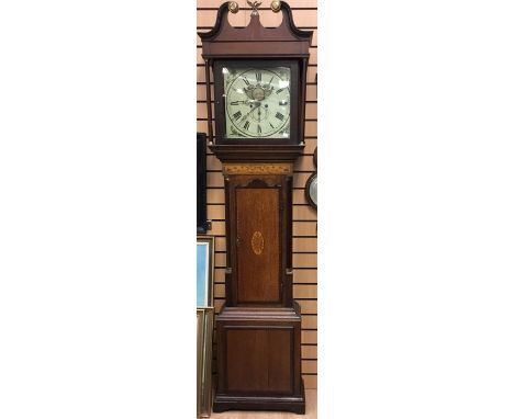 A late George III, eight day longcase clock, dial showing date, moon and sun, Roman numerals, no makers name, mahogany case, 