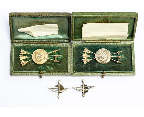 Two Victorian British Longbow Society Medals, in the form of three arrows and target, marked for Cheltenham 1894 and Worceste