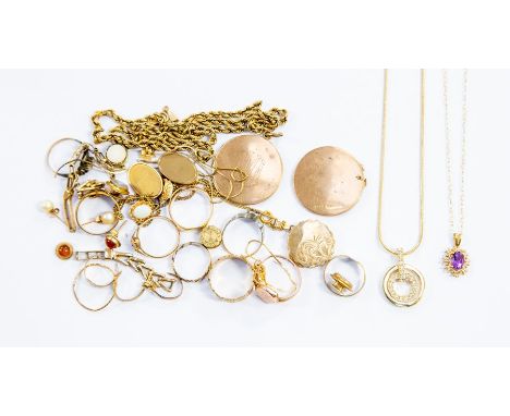 A collection of 9ct gold and yellow metal jewellery to include a 9ct gold rings, locket, chains, pendants watch strap, a dama