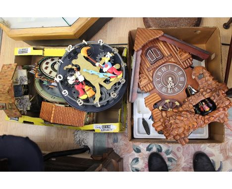 A collection of assorted novelty clocks including: a Lionel Train clock; Disney clock; together with cuckoo clock, untested f