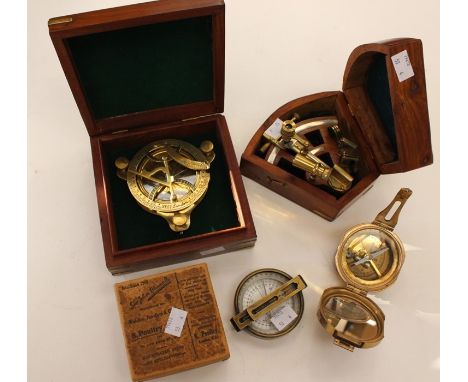 Small sextant by T Cook of London, in wooden case; vintage Stanley of London solid brass natural sine ships compass along wit