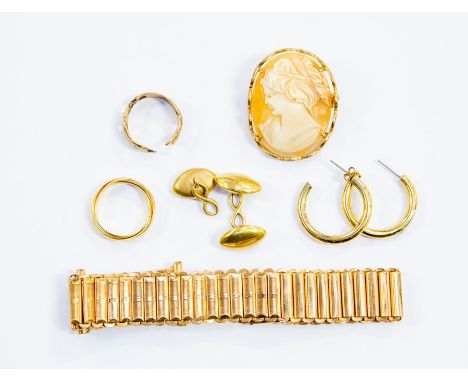 A collection of yellow metal jewellery to include a pair of cufflinks a/f a Russian style ring, along with a brooch, watch br