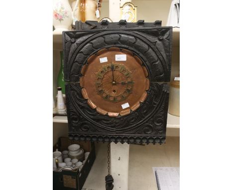 An Arts and Crafts, French wall clock, oak case, copper face, brass dial, clock approx. 38cm; together with two small mantle 