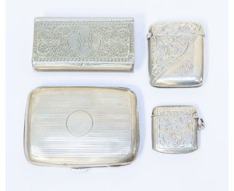 Two silver Vesta cases, a silver cigarette case and a white metal snuff box Vesta (4)