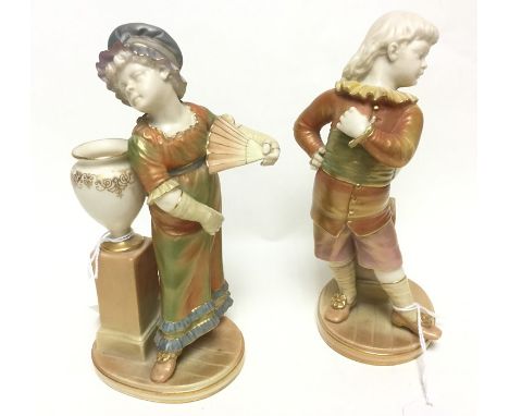 A pair of Royal Worcester posy vases, featuring male and female figures, height approx. 170mm. No obvious signs of damage or 