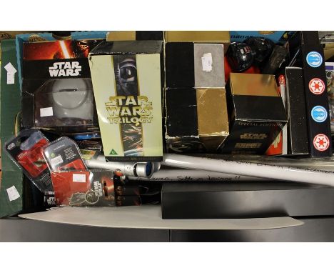 Star Wars; four Light Sabers / two of which are signed by stunt double, plus a selection of videos etc (1 box)