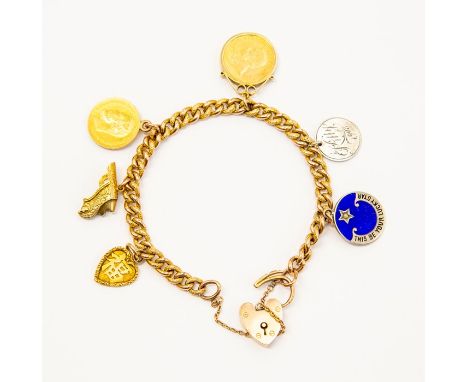 A 9ct gold charm bracelet, with a South African 1/2 Pound 1896 in mount; an 1899 5 Roubles, Chinese gold charms; two silver c