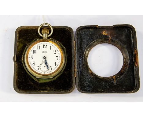 An Asprey London, goliath pocket watch, in a travel case, AF missing the glass