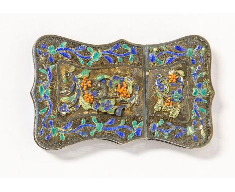 A Chinese white metal and enamel card case