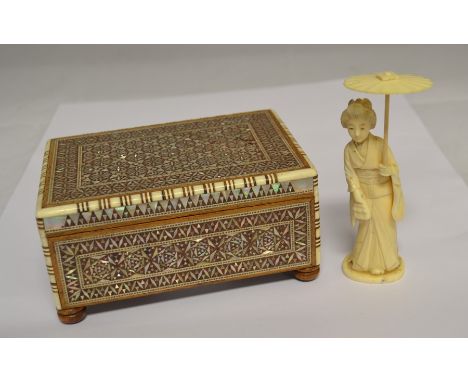 A Middle Eastern table casket with inlaid mother of pearl and bone, width approx. 14cm, with a Japanese ivory Geisha Okimono,