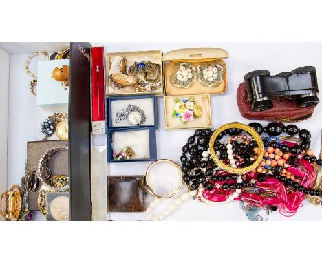 A box of mixed costume jewellery, including an Art Deco Zircon ring, cameo brooch etc