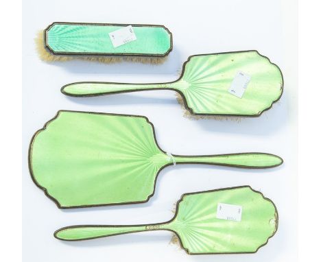 Silver and enamel back Art Deco (green enamel) dressing table set, indistinct Birmingham hallmarks&nbsp;