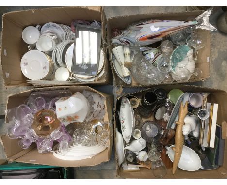 A collection of tea and dinner wares including glass, vases, lamp, glass shades, Murano style fish and other 20th Century ite