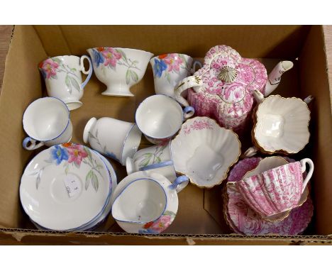 An early 20th century, Shelley tea service, hand painted sugar and cream, no teapot, together with a late Victorian pink and 