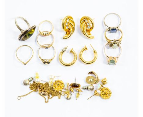 A collection of gold and yellow metal jewellery to include&nbsp; an 18ct gold, ruby and diamond ring, size J1/2, total gross 