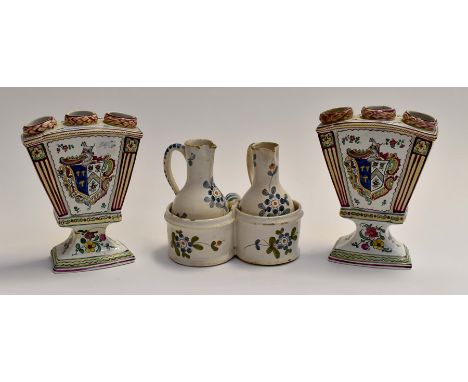 19th Century Quimper spill vases, along with Quimper condiment table accessories. Damage and chips to all pieces (3)