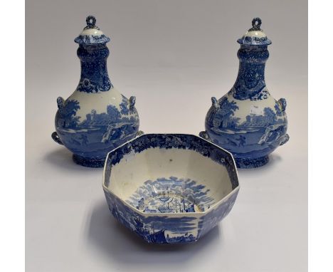 An early 20th Century, pair of blue and white Spode Copeland Italian design lidded vases, approx. 32cm high; together with an