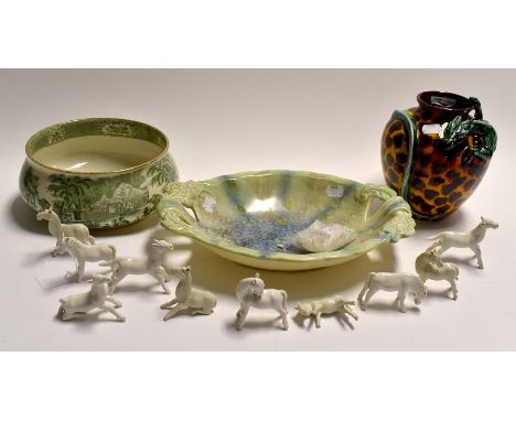 A collection of ceramics to include; pale green Sylvac bowl; Anita Harris dragon vase; green ceramic bowl; and a collection o