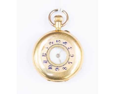 A ladies 18ct gold half hunter pocket watch, with pink enamel decoration inset with blue numbers, some enamel loss, case diam