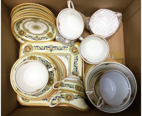 A Royal Worcester Empire part tea set, eight place settings, comprising cups, saucers, side plates, cake plates, and others. 